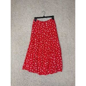 Lulus Red Floral Print Tiered Midi Skirt Womens Small Cottagecore Boho